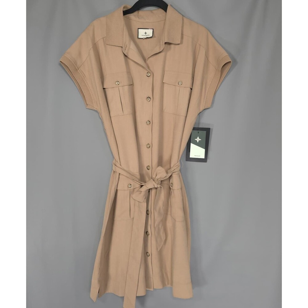 TUCKERNUCK‎ Womens New Shirt Dress LARGE Utility Mill Khaki Button Front S154741